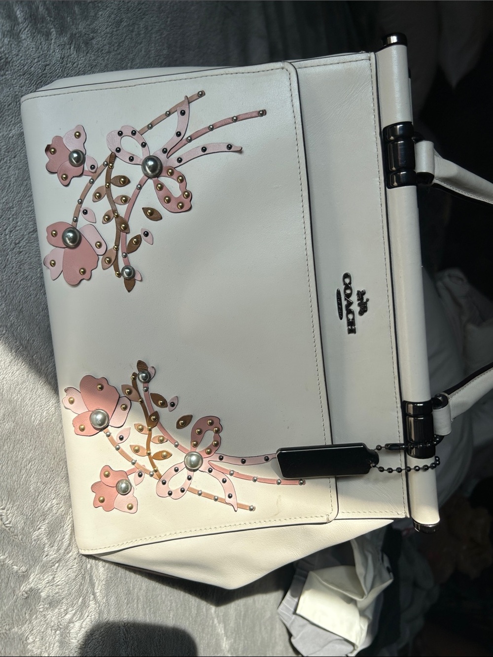 Coach White Leather Satchel with Pink Floral Stud Accents